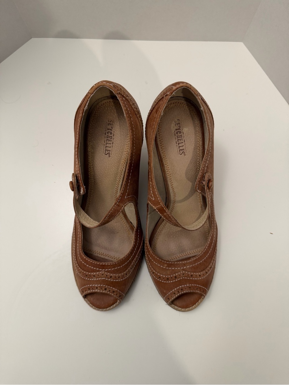 Seychelles Brown Leather Peep-Toe Mary Jane Heels